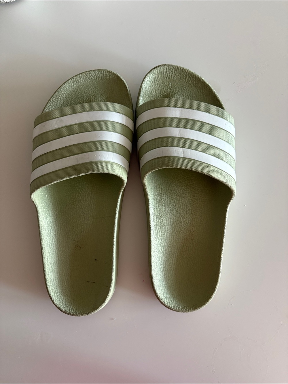 Adidas Olive Green Slides with White Stripes